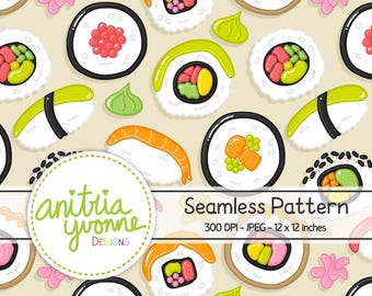 Könnte beinhalten: Ein nahtloses Muster mit verschiedenen Arten von Sushi-Rollen, darunter Lachs-, Thunfisch- und Avocado-Rollen. Das Muster ist auf einem hellbeigen Hintergrund angeordnet und enthält kleine rosa und grüne Akzente.