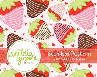 Valentine Seamless Pattern, Strawberry Seamless Pattern, Valentine Repeat Pattern, Chocolate Covered Strawberries, Strawberry Background