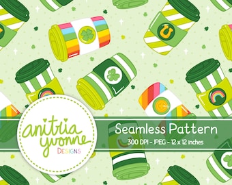 St. Patrick's Day Seamless Pattern, Saint Patrick's Day Seamless Pattern, Coffee Repeat Pattern, Good Luck Pattern, Digital Download
