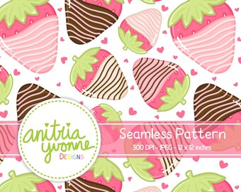 Valentine Seamless Pattern, Strawberry Seamless Pattern, Valentine Repeat Pattern, Chocolate Covered Strawberries, Strawberry Background