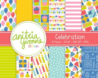 Celebration Digital Paper, Party Designs, Cupcake Design, Birthday Design, Celebration Papers, Birthday Backgrounds, Commercial Use
