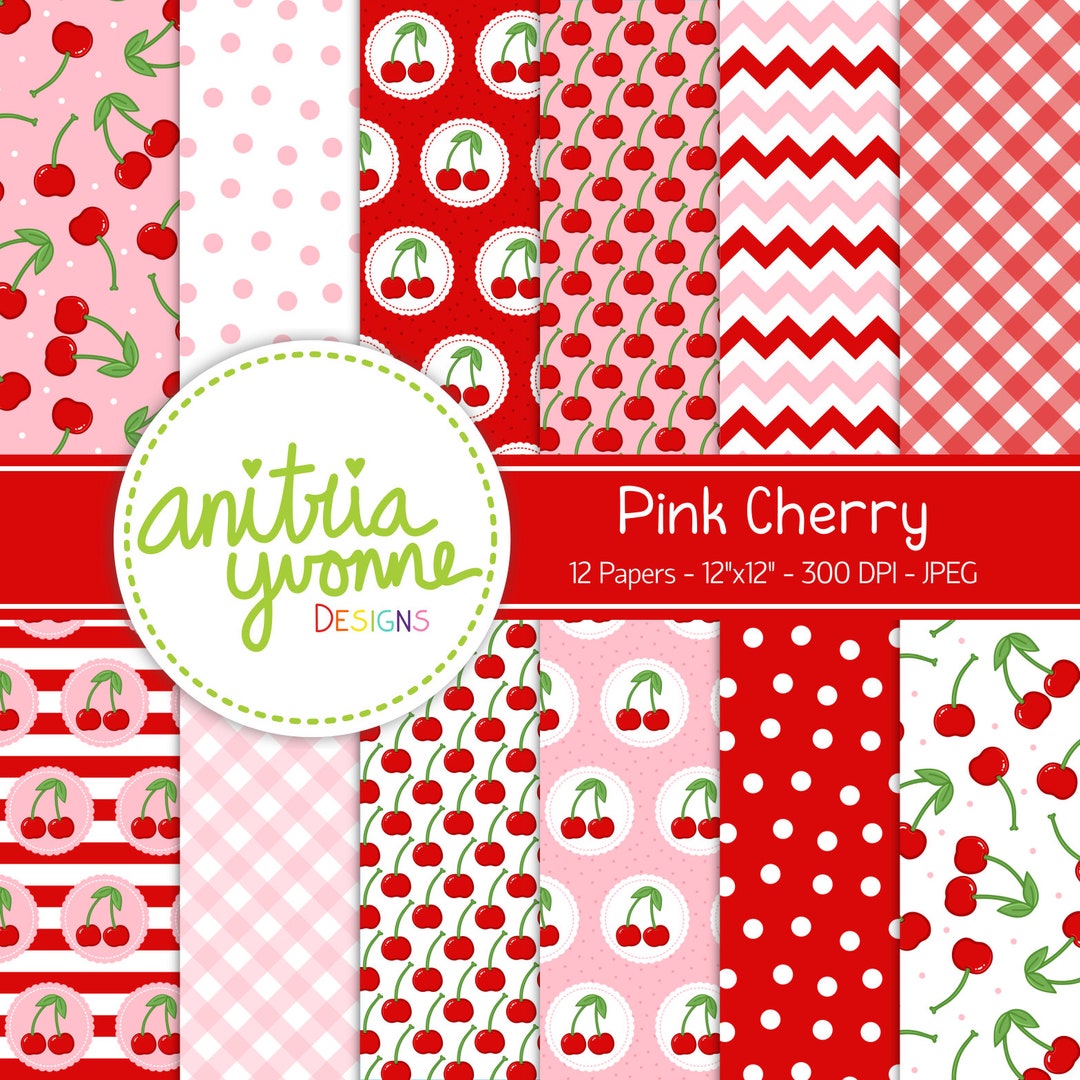 Cherry Digital Paper, Gingham Designs, Fruit Design, Cherry Pattern ...