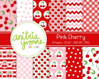 Cherry Digital Paper, Gingham Designs, Fruit Design, Cherry Pattern, Fruit Paper, Polka Dots, Cherry Backgrounds, Commercial Use