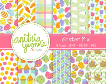 May include: A set of 12 digital papers featuring various Easter-themed patterns, including eggs, carrots, jelly beans, bunnies, and flowers. The papers are 12 inches by 12 inches and 300 DPI.