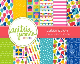 May include: Twelve digital papers with a celebration theme. The papers feature various patterns including balloons, cupcakes, candles, stars, party hats, and gift boxes. The papers are 12 inches by 12 inches and 300 DPI.