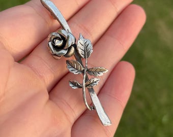 Spun Silver Filigree Rose Flower Brooch, 925 Sterling, Signed FAS