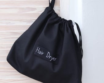 Personalized Hair dryer bag made of black cotton