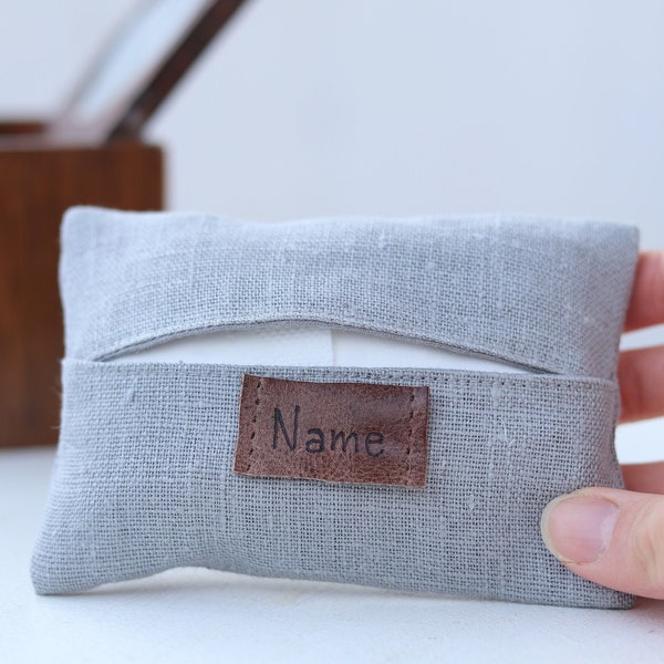 Personalized Travel Tissue Holder, Elegant gray linen 50th birthday idea, gifts for mom, gift for bridesmaid, Tissue Pocket Holder