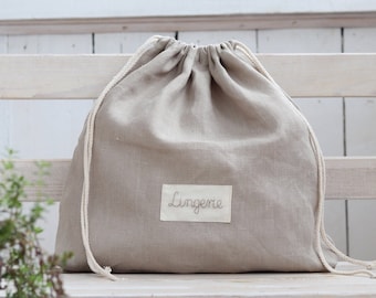 Sac de lingerie en lin, sac de voyage à linge, accessoires de voyage beiges avec étiquette personnalisée, sac à chaussures, cadeau de lune de miel, sac de sous-vêtements