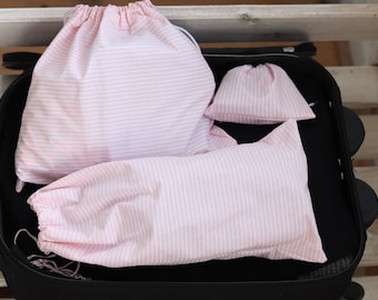 Set aus 3 süßen Reisetaschen für ein Mädchen, Dessous-Taschen, rosa gestreifte Schuhtasche, süßes Gepäckset, gewachste Baumwolle