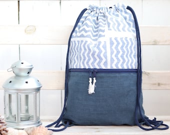 Maritimer Rucksack mit Reißverschlusstasche, leichtes Reisegeschenk aus blauem Leinen, minimalistischer Rucksack mit Kordelzug
