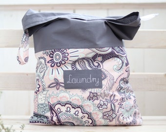 Gepersonaliseerde reiswaszak, grijs katoen, paisley-bloemen