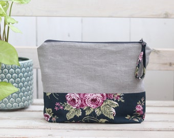 Cute Linen cosmetic zipper bag, gift for her makeup pouch, Washable travel accessories, Minimalist organizer