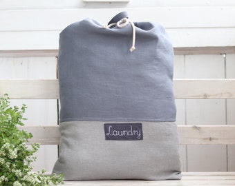 Gray Linen lingerie bag with name, MInimalistic Aesthetic Nursery Storage, Grey Flax Travel laundry bag