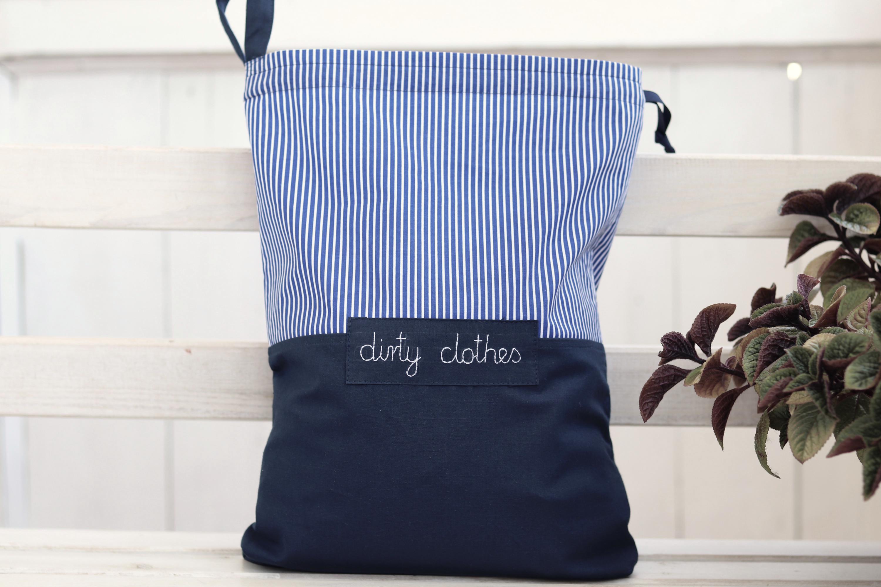Personalized Travel Laundry Bag: Navy Blue Cotton vertical stripes Drawstring Pouch