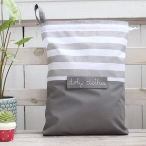 Gray Travel Lingerie Bag for dirty clothes with name, gray striped fabric travel laundry bag, kids travel accessories, underwear bag