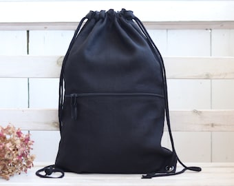 Black linen minimalist backpack with pocket, elegant travel gift for her or him, black drawstring city backpack