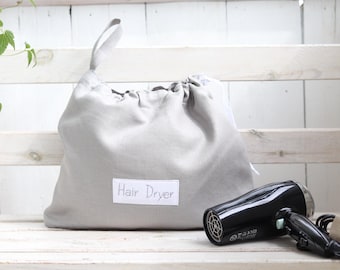 Personalized Linen Hair Dryer Bag: Embroidered Blow Dryer Organizer