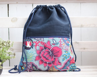 Linen Cotton Backpack with Zippered Pocket, Lightweight navy blue Drawstring Backpack for Her with oriental flower