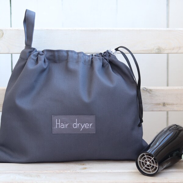 Personalisierte Haartrockner Tasche, grauer Haartrockner Halter, dicke Baumwolle Haarschmuck Organizer, Haartrockner Tasche mit Namen, Friseur Geschenk