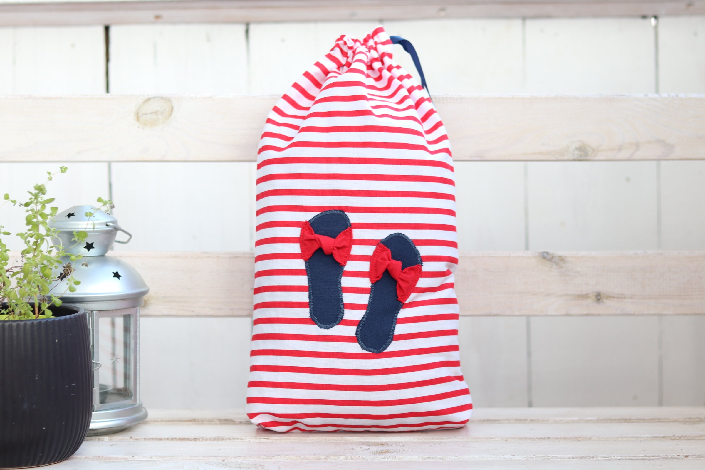Red Stripes Cotton Shoe Bag, Travel Organizer, Gift for Her