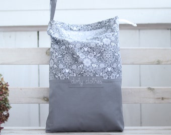 Sac à lingerie de voyage gris avec nom, sac pour vêtements sales en coton, accessoires de voyage à motif folklorique, sous-vêtements de sac à linge de voyage