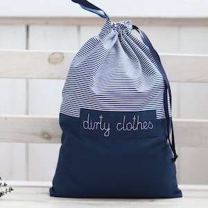 Travel laundry bag, lingerie bag, navy blue stripes bag, travel accessories, personalized travel bag, reusable drawstring bag image 1