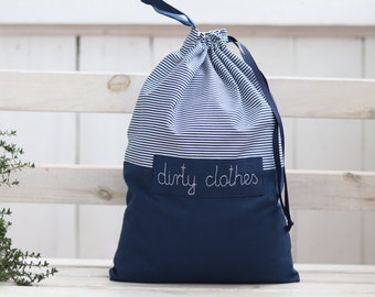 Travel laundry bag, lingerie bag, navy blue stripes bag, travel accessories, personalized travel bag, reusable drawstring bag