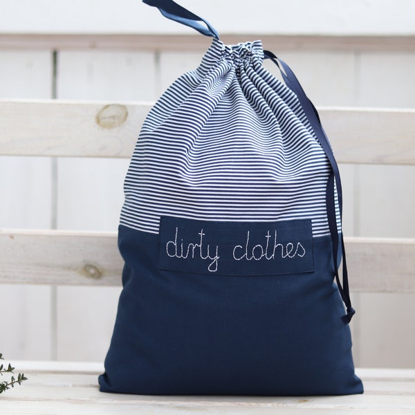 Travel laundry bag, lingerie bag, navy blue stripes bag, travel accessories, personalized travel bag, reusable drawstring bag