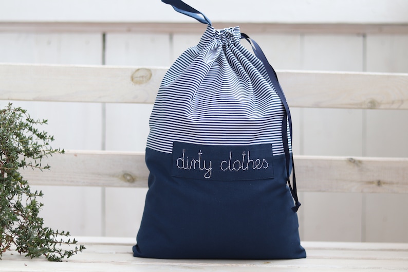 Travel laundry bag, lingerie bag, navy blue stripes bag, travel accessories, personalized travel bag, reusable drawstring bag image 1