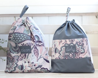 Sac de lingerie de voyage avec nom, sac à vêtements sales et propres en coton, accessoires de voyage à motif Paisley, fleur orientale, sous-vêtements de sac à linge