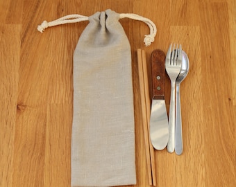 Beige Linen Zero Waste Utensils Wrap, Reusable Cutlery Holder for travel, Drawstring pouch for Picnic