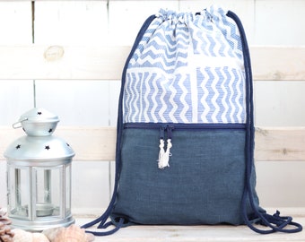 Nautical backpack with zippered pocket, blue linen lightweight travel gift, drawstring minimalist backpack