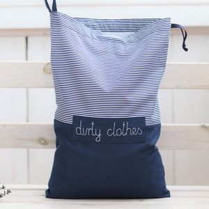 Travel laundry bag, lingerie bag, navy blue stripes bag, travel accessories, personalized travel bag, reusable drawstring bag image 2