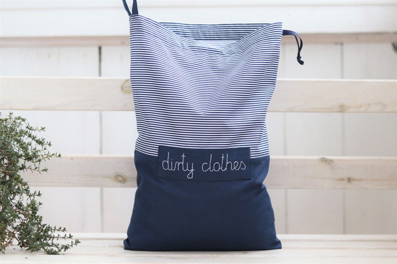 Travel laundry bag, lingerie bag, navy blue stripes bag, travel accessories, personalized travel bag, reusable drawstring bag image 2