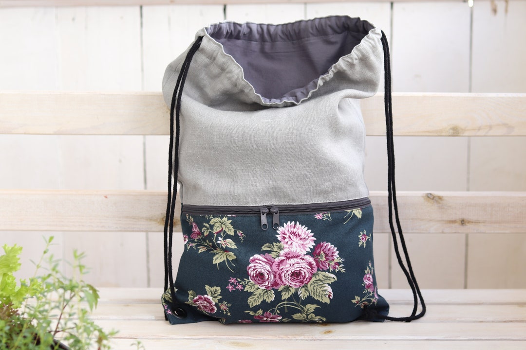 Linen Cotton Backpack With Zippered Pocket, Lightweight Purple Floral ...