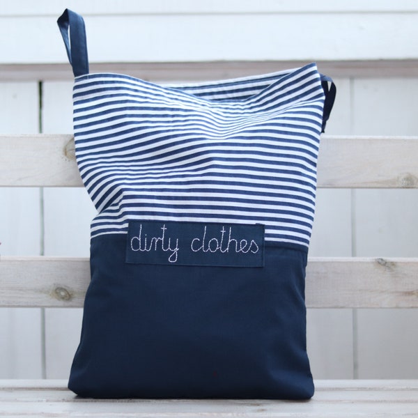 Travel laundry bag, lingerie bag, navy blue stripes bag, personalized travel bag, reusable drawstring bag, travel accessories