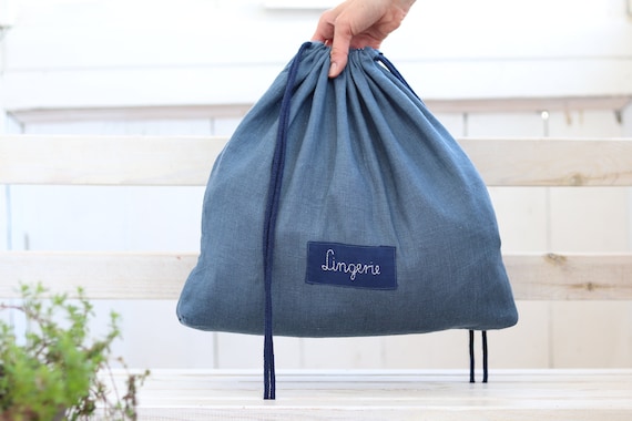 Linen Lingerie Bag, Laundry Travel Bag, Blue Custom Label Travel