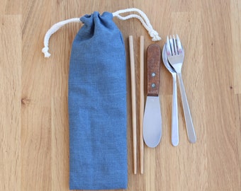 Blue Linen Zero Waste Utensils Wrap, Blue Grey Reusable Cutlery Holder for travel, Drawstring pouch for Picnic