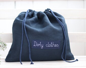 Linen lingerie bag, Laundry travel bag, custom label travel accessories, navy blue shoe bag, honeymoon gift, underwear bag