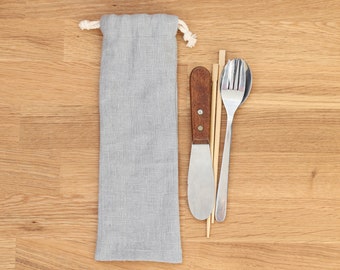 Gray Linen Zero Waste Utensils Wrap, Reusable Cutlery Holder for travel, Drawstring pouch for Picnic