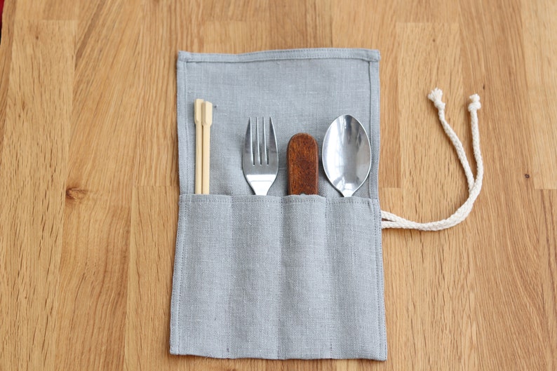 Reusable Cutlery Roll Grey Linen Cutlery Wrap for Travel Etsy