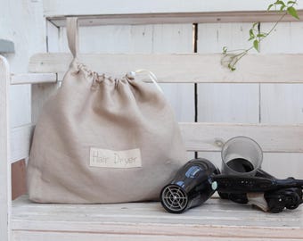 Beige Linen Hair Dryer Bag: Embroidered Travel Organizer