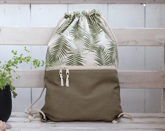 Green cotton backpack with zippered pocket, green lightweight travel gift, drawstring minimalist backpack