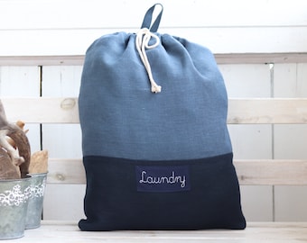 Blue Linen laundry bag with name, Aesthetic Lingerie Storage, Navy Blue Flax dirty clothes bag