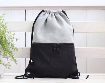 Minimalistischer Leinenrucksack mit Tasche, Leichtes Reisegeschenk für sie oder ihn, grauer und schwarzer Stadtrucksack mit Kordelzug