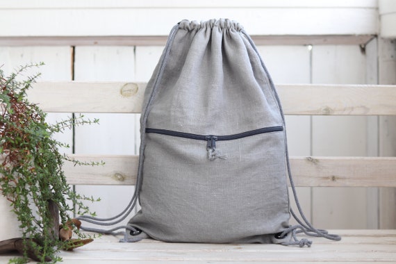 Linnen rugzak met vak met ritssluiting grijs lichtgewicht reiscadeau minimalistische rugzak met trekkoord Etsy Nederland