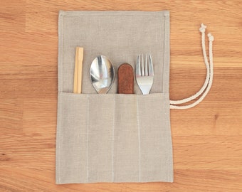 Reusable Cutlery Roll, Personalized Beige linen Cutlery Wrap for travel, Zero Waste Utensils Holder for Picnic