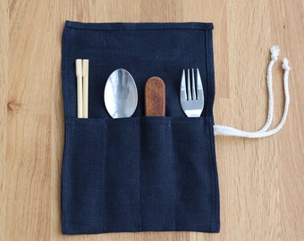Navy blue Reusable Cutlery Roll, Personalized linen Cutlery Wrap for travel, Zero Waste Utensils Holder for Picnic