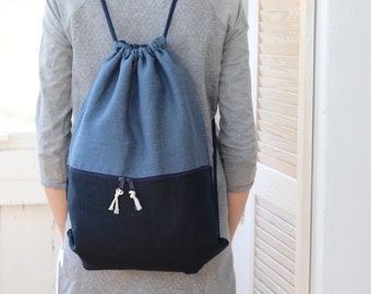 $32 ✿ LINEN WOVEN DRAWSTRING BACKPACK Linen Laundry Bag With Shoulder Straps, Laundry Backpack  main image 3